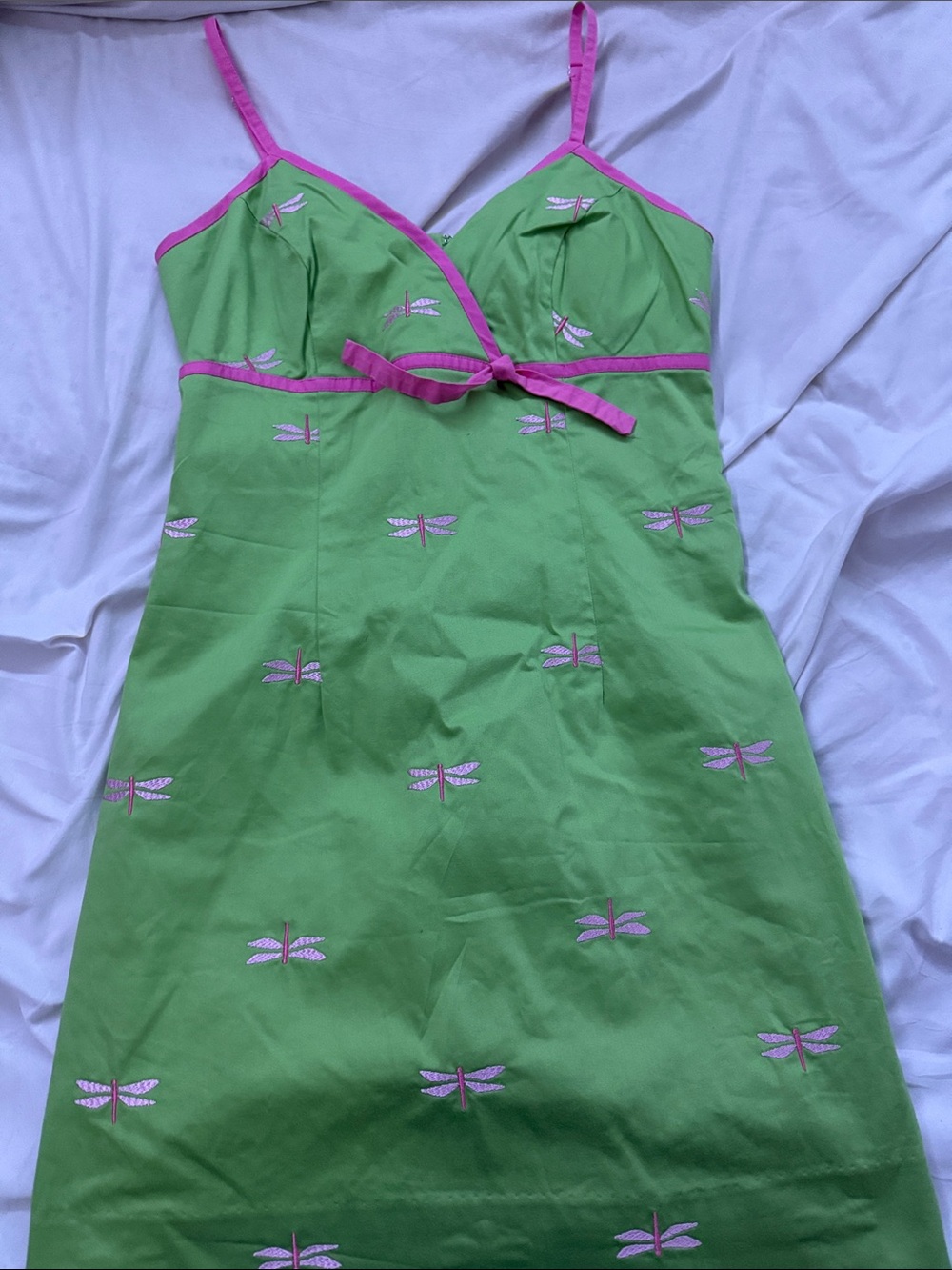 Lilly Pulitzer Green Dress with Pink Trim and Dragonfly Embroidery